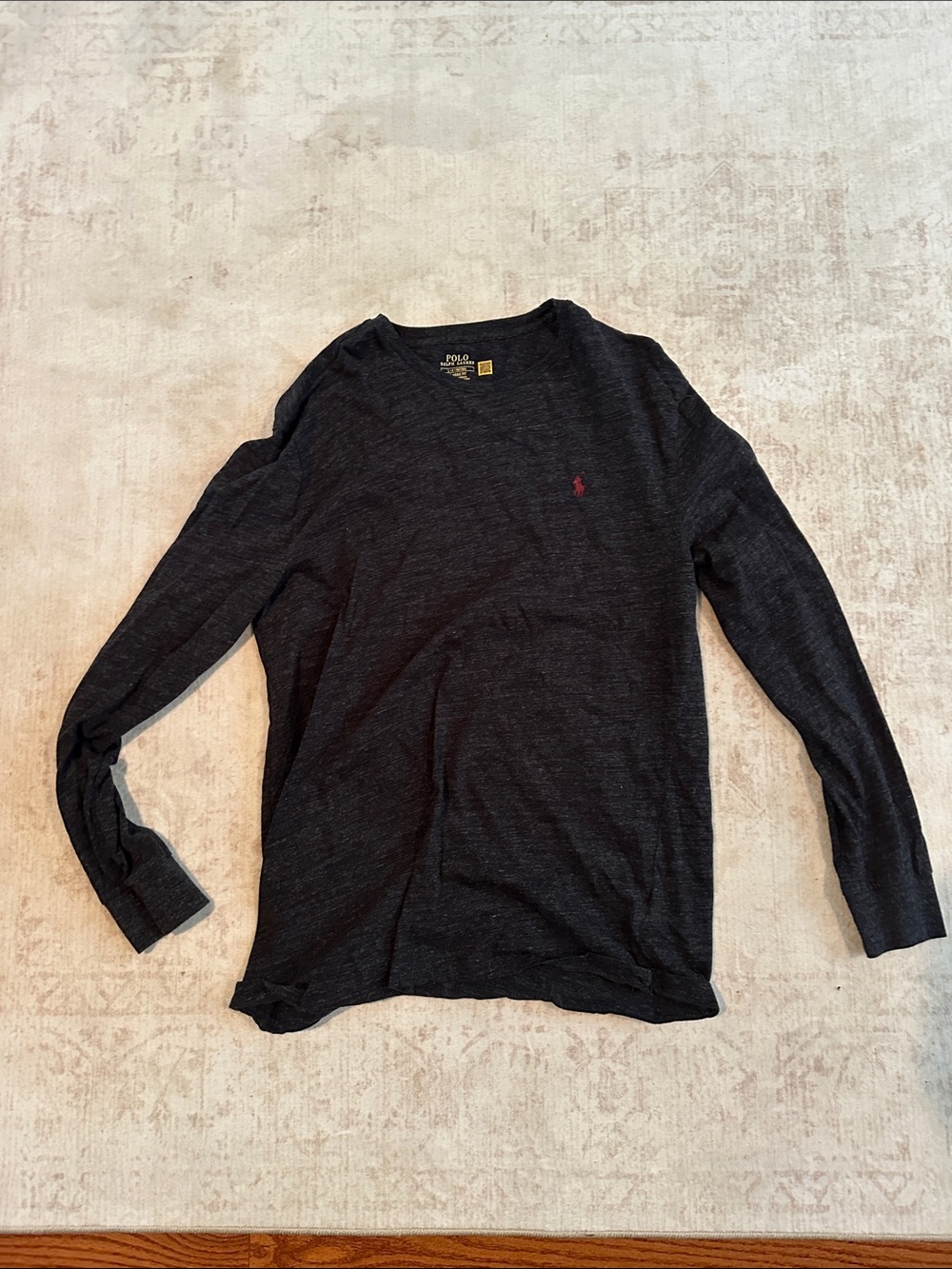 Polo by Ralph Lauren Charcoal V-Neck Long-Sleeve Shirt with Red Pony